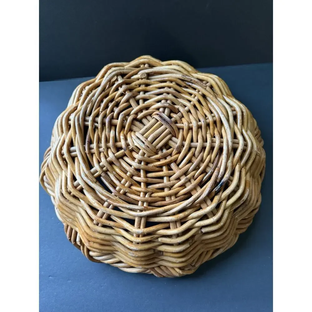 Handwoven Read Wicker Woven Round Basket Rattan Bowl Twisted Braided Cottagecore
